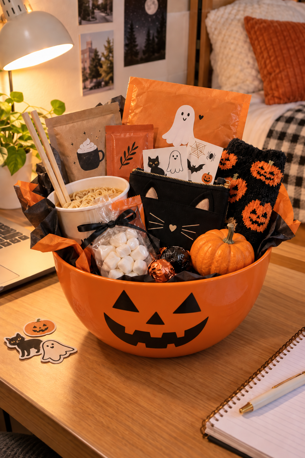 Affordable college boo basket in a large Halloween bowl with instant noodles, hot cocoa, marshmallows, cozy socks, a small pouch, candy, stickers and a mini pumpkin in a dorm-room setting.