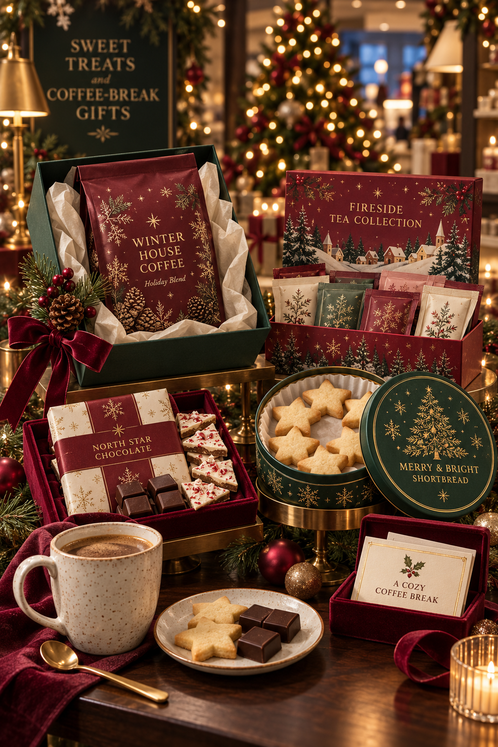 Elegantly arranged Christmas coffee-break gifts for coworkers, including coffee, tea, chocolate, shortbread, and a gift card.