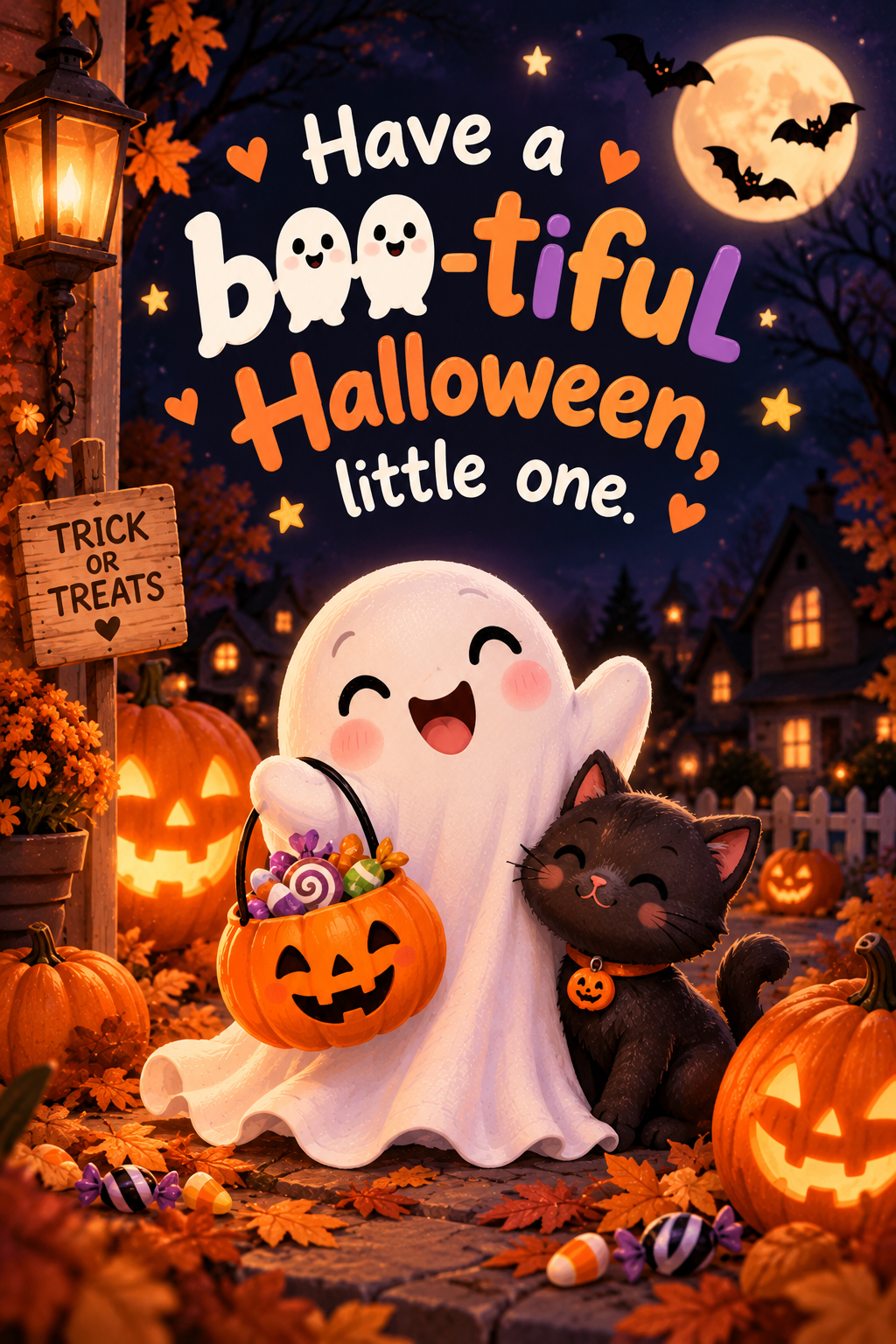 Kid-friendly Halloween illustration with a happy ghost, black cat, glowing pumpkins, candy and the greeting “Have a boo-tiful Halloween, little one.”