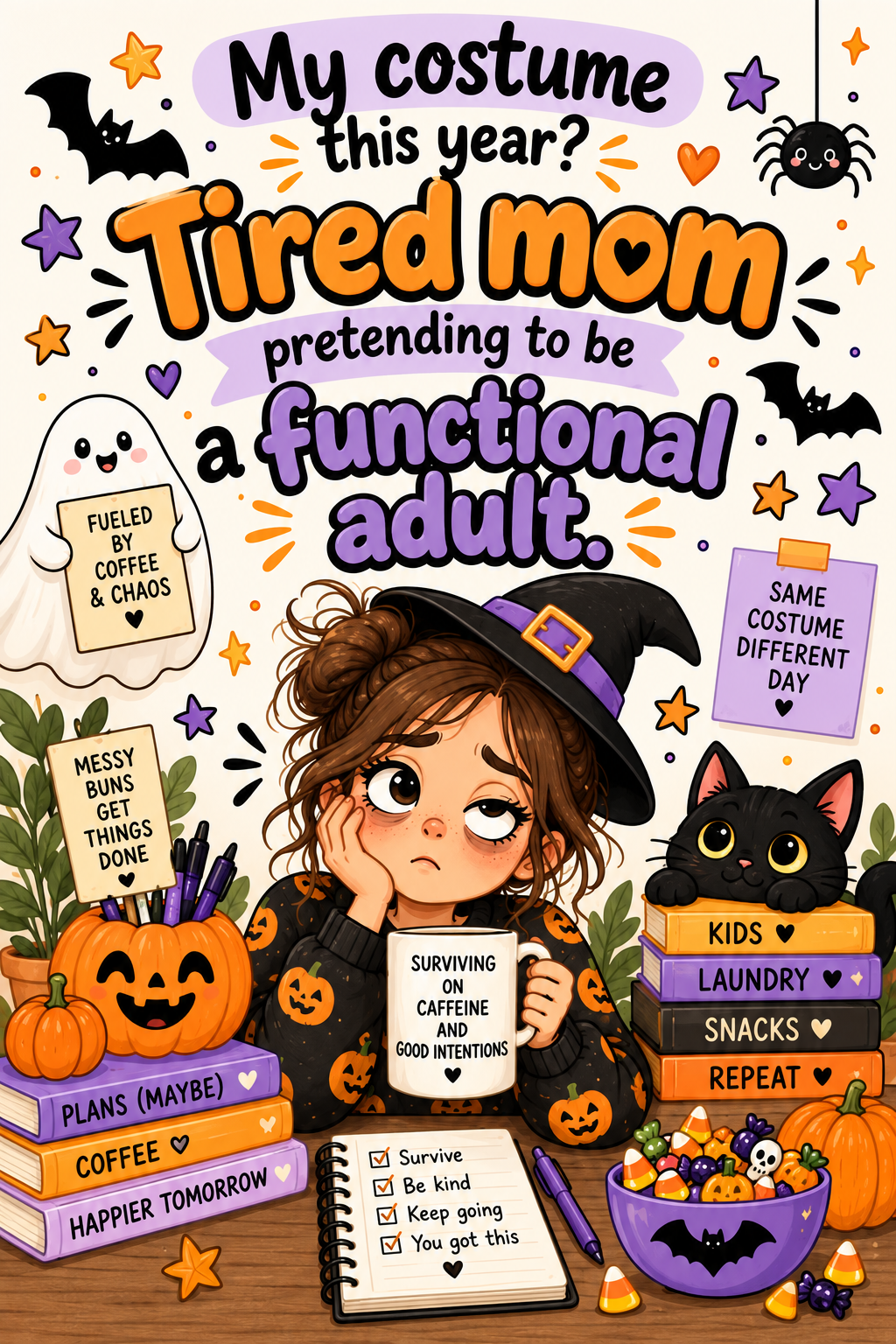 Funny Halloween illustration of a tired mom in a witch hat with coffee, pumpkins, candy and the quote “My costume this year? Tired mom pretending to be a functional adult.”