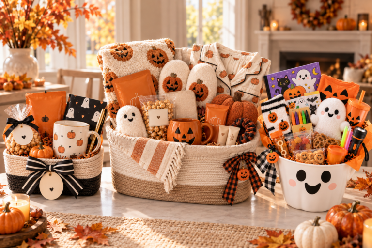 Halloween gift basket ideas with three themed boo baskets for a coworker, best friend, and kids arranged together in a cozy autumn setting.