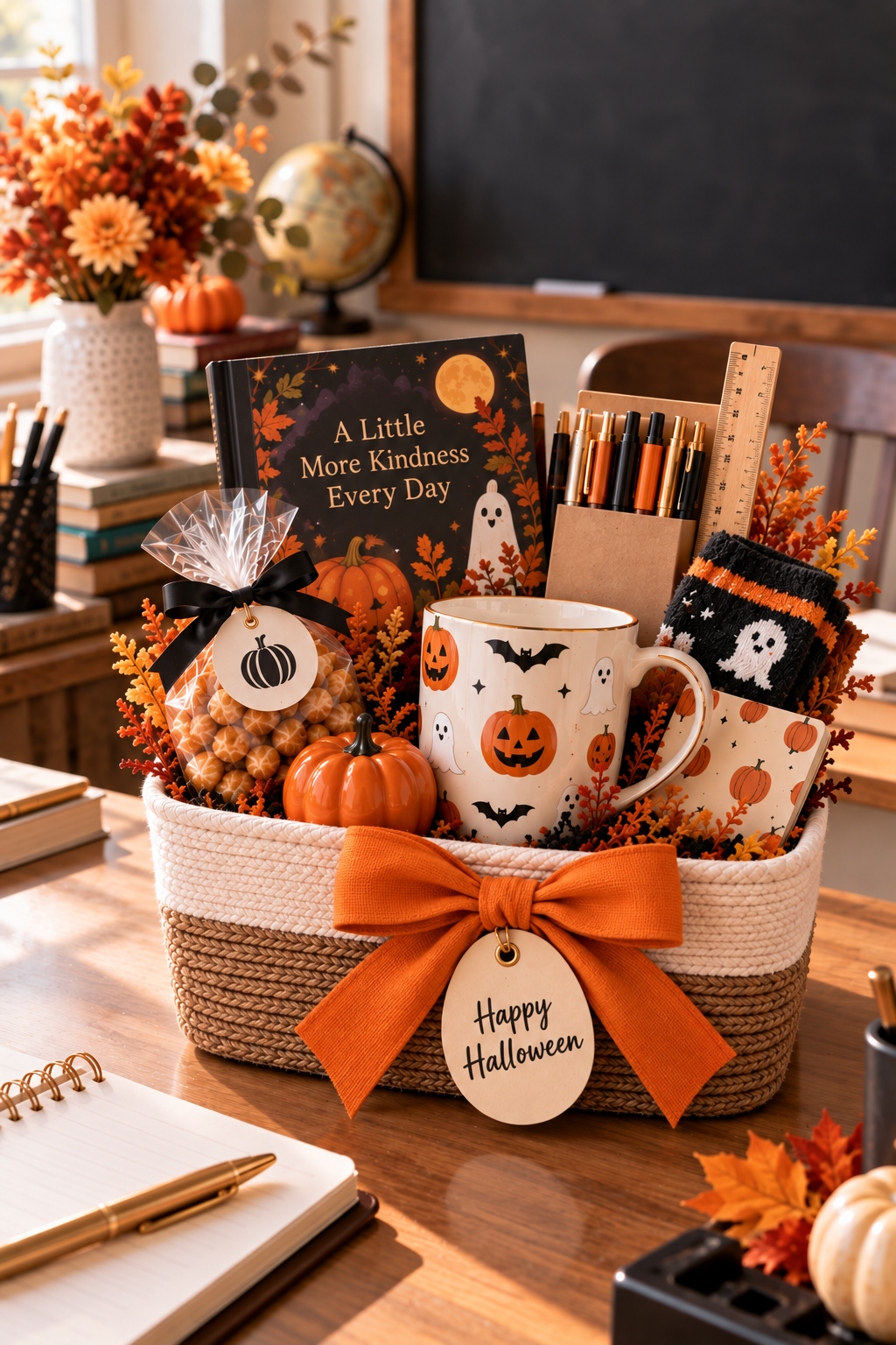 Halloween gift basket for a teacher with a Halloween picture book, pens, ruler, mug, cozy socks, caramel popcorn, mini pumpkin and orange ribbon in a classroom setting.