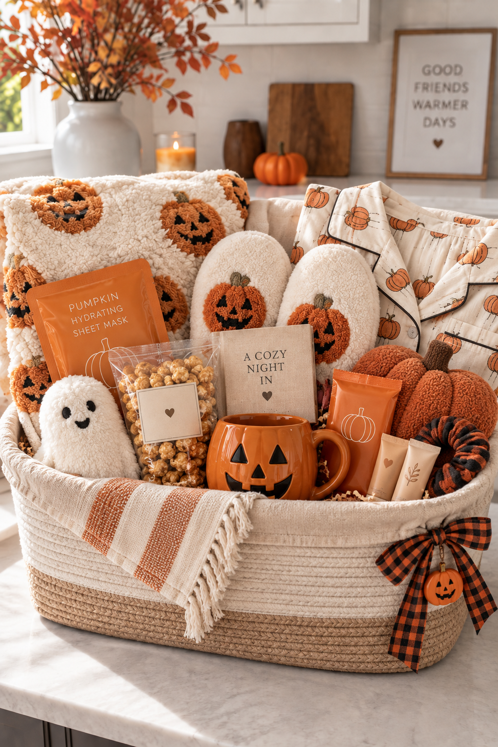 Cozy Halloween sleepover gift basket for a best friend with pumpkin pajamas, fuzzy slippers, a pumpkin mug, popcorn, candy, a sheet mask, cozy blanket and soft orange-and-cream Halloween details.