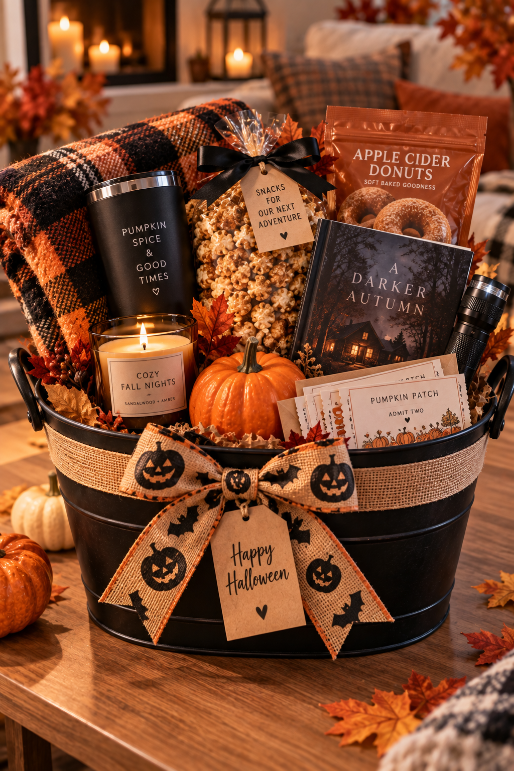 Fall date Halloween gift basket for a boyfriend with apple cider donuts, caramel popcorn, a cozy plaid blanket, travel mug, candle, mini pumpkin, flashlight, pumpkin patch tickets and a horror novel.