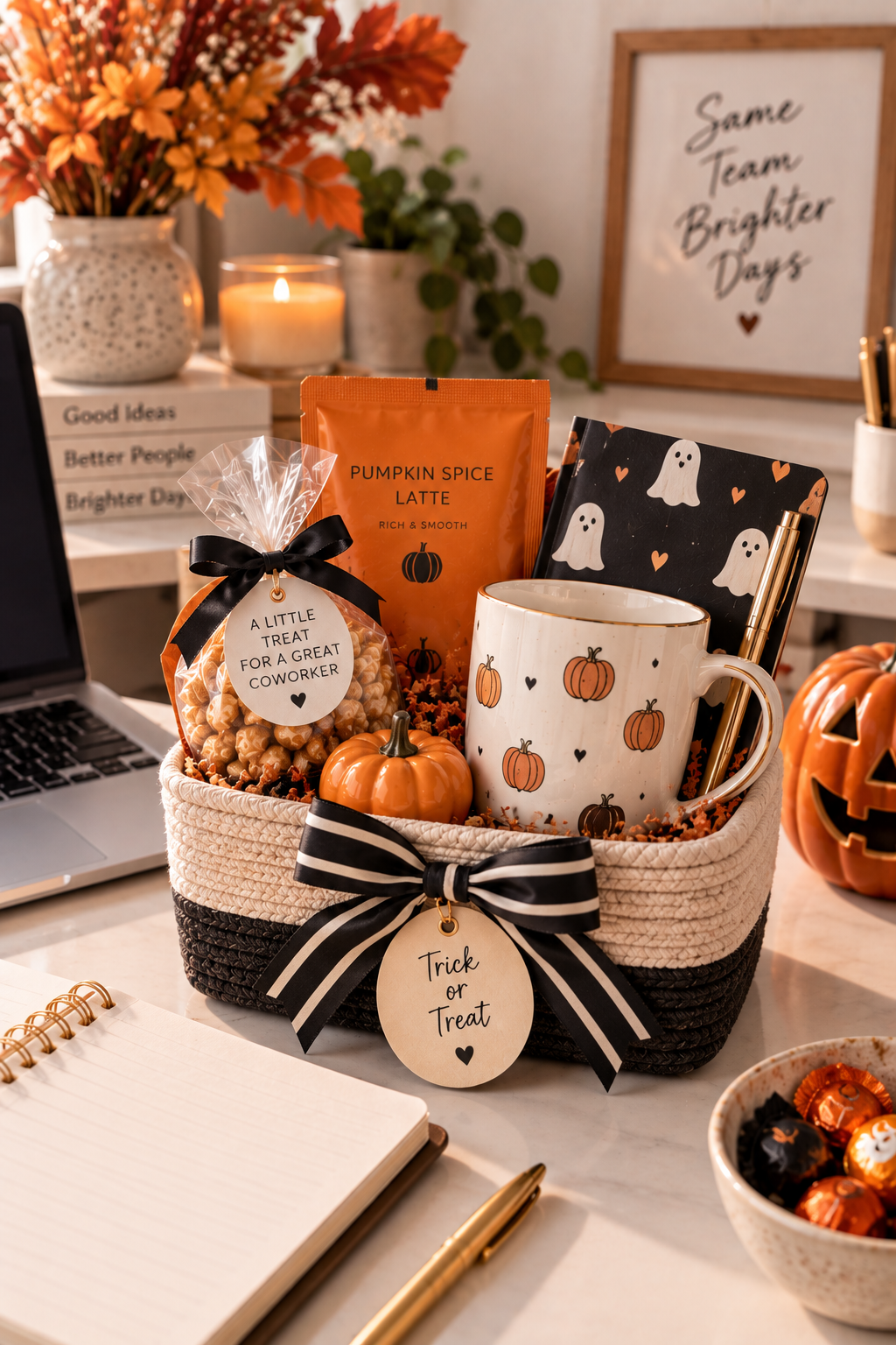 Halloween coworker gift basket on a desk with a pumpkin mug, pumpkin spice latte mix, popcorn, a ghost notebook, candy, a mini pumpkin, and black-and-orange Halloween ribbon in a cozy office setting.