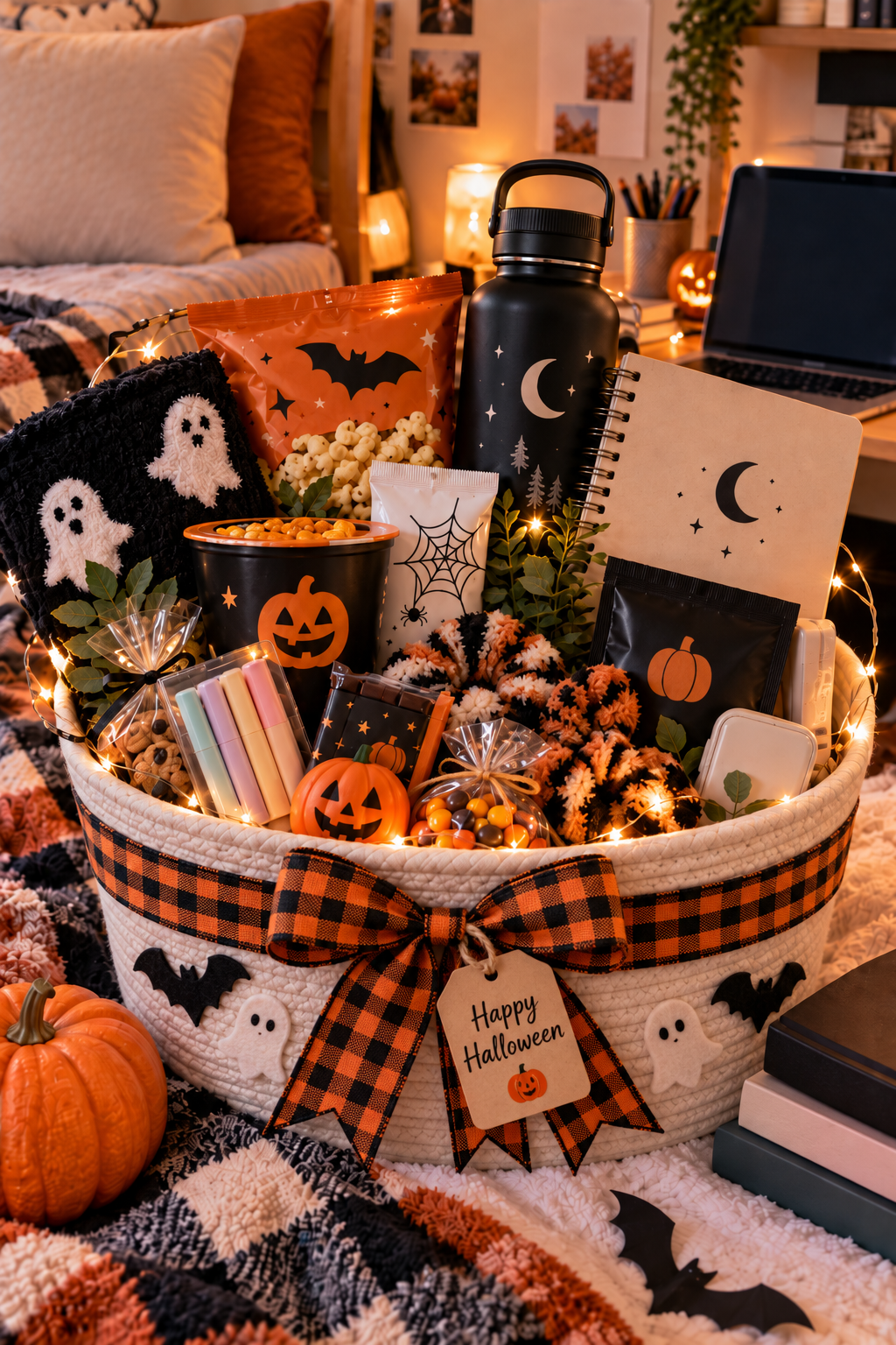 Halloween boo basket for college students with snacks, a water bottle, notebook, cozy socks, study supplies, candy, pumpkin decorations, fairy lights, and a Halloween ribbon in a dorm-room setting.