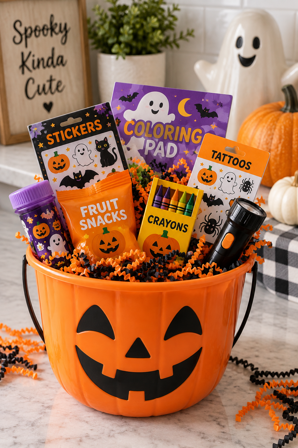 Affordable Halloween boo basket for kids in an orange pumpkin bucket with coloring pad, crayons, stickers, temporary tattoos, fruit snacks, bubbles and a small flashlight.
