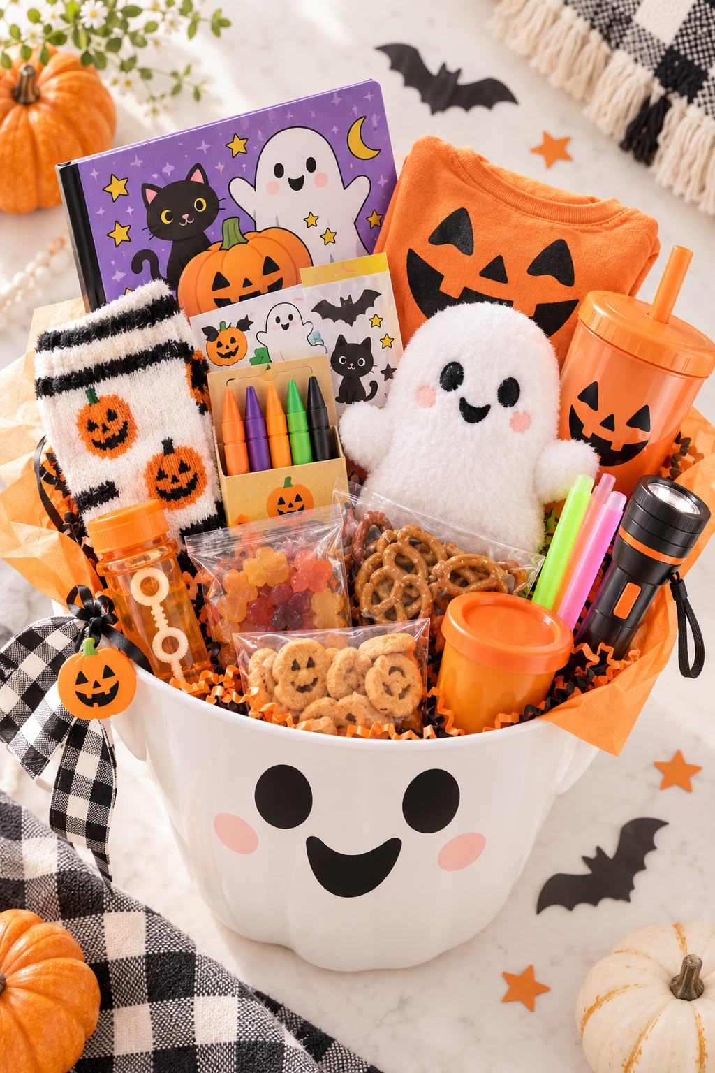 Cute Halloween boo basket for younger kids with a ghost bucket, Halloween book, crayons, stickers, plush ghost, pumpkin shirt, cozy socks, snacks, reusable cup and flashlight.