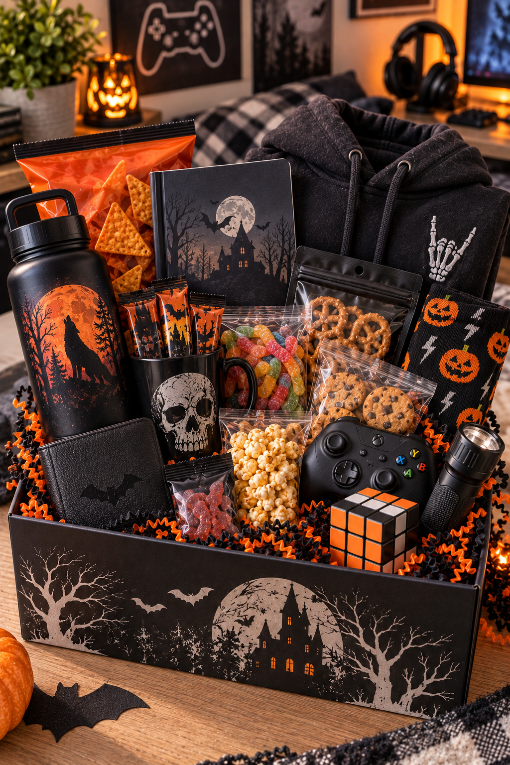 Halloween boo basket for teen boys with snacks, gaming accessories, a hoodie, socks, notebook, flashlight, water bottle and spooky black-and-orange Halloween details.