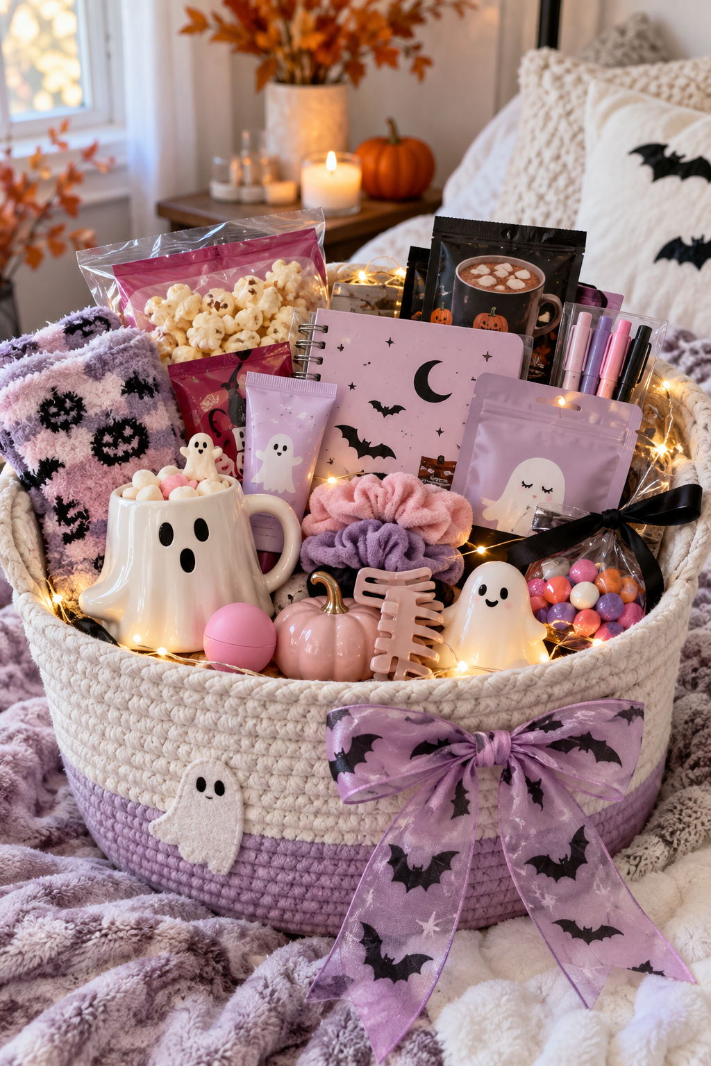 Halloween boo basket for teen girls with popcorn, hot cocoa, fuzzy socks, self-care items, hair accessories, candy, a notebook and pink-and-purple Halloween decorations.