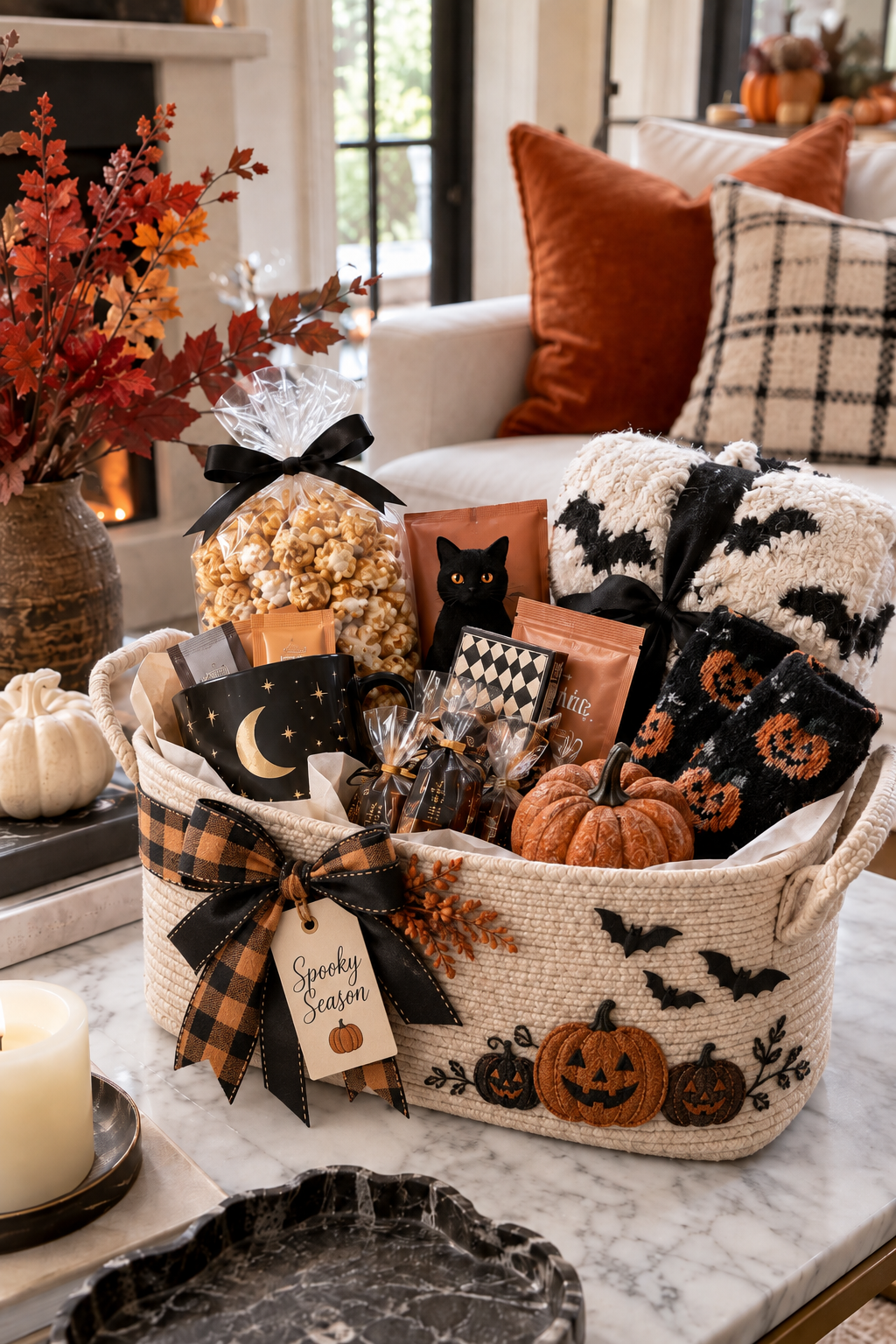 Halloween gift basket for friends with popcorn, cozy socks, a moon-and-stars mug, fall snacks, mini pumpkins, a Halloween blanket and black-and-orange details in a decorated cream basket.