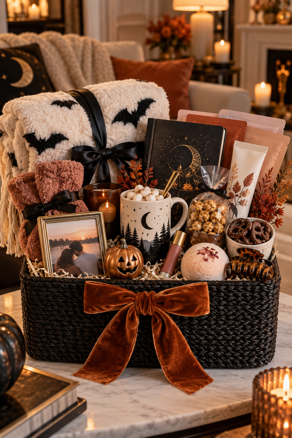 Halloween gift basket for a girlfriend with a cozy blanket, candle, mug, journal, self-care products, snacks, a framed photo, mini pumpkin and warm autumn details in a black woven basket.