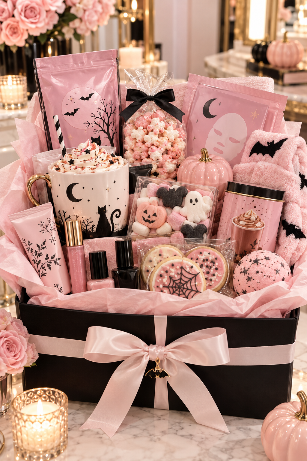 Pink Halloween boo basket for a girlfriend with a black gift box, pink self-care products, mug, candy, cookies, cozy socks, bath items and pink-and-black Halloween accents.