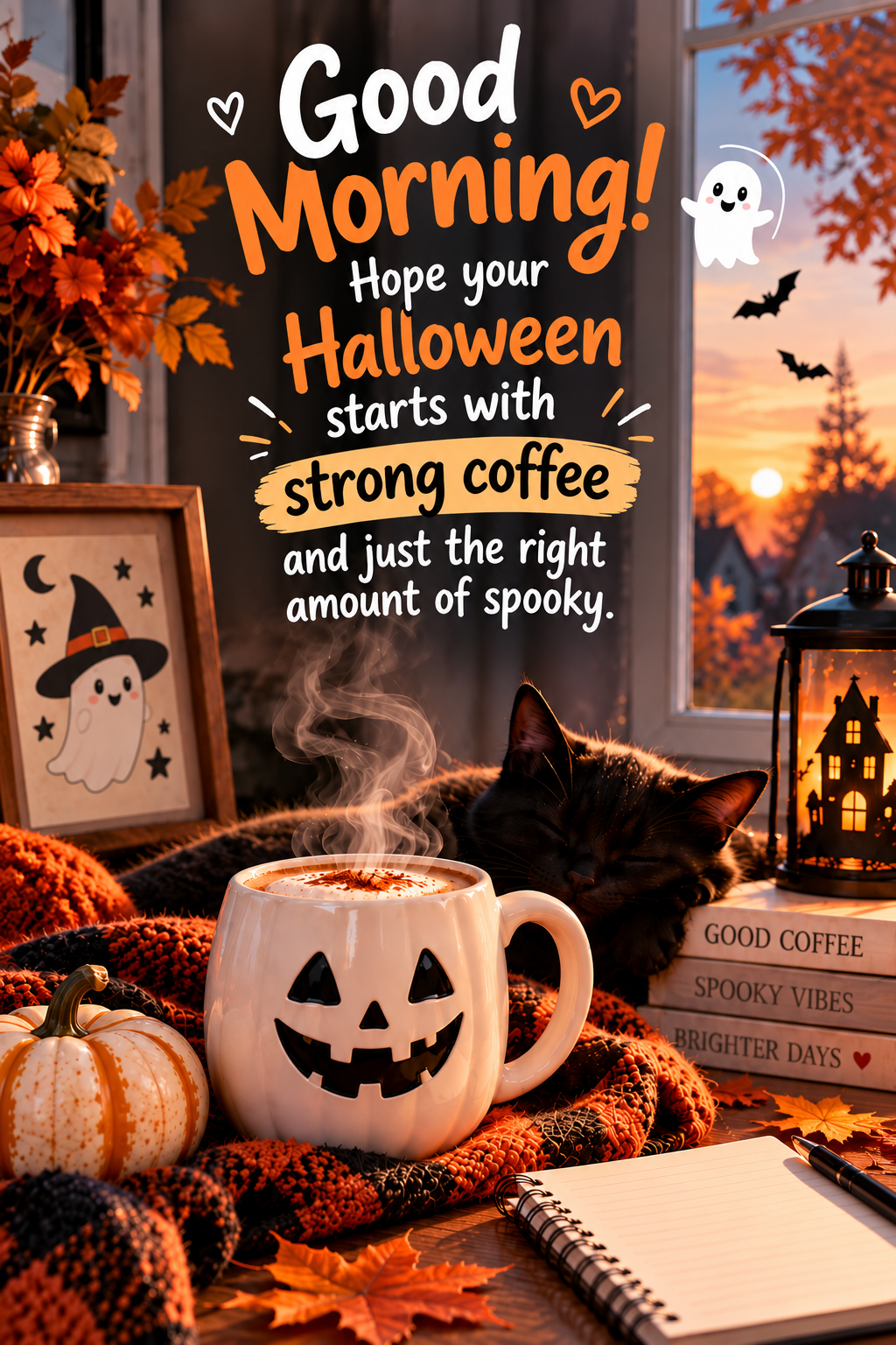 Cozy Halloween morning scene with a steaming jack-o’-lantern coffee mug, sleeping black cat, autumn leaves and a sunrise outside the window.