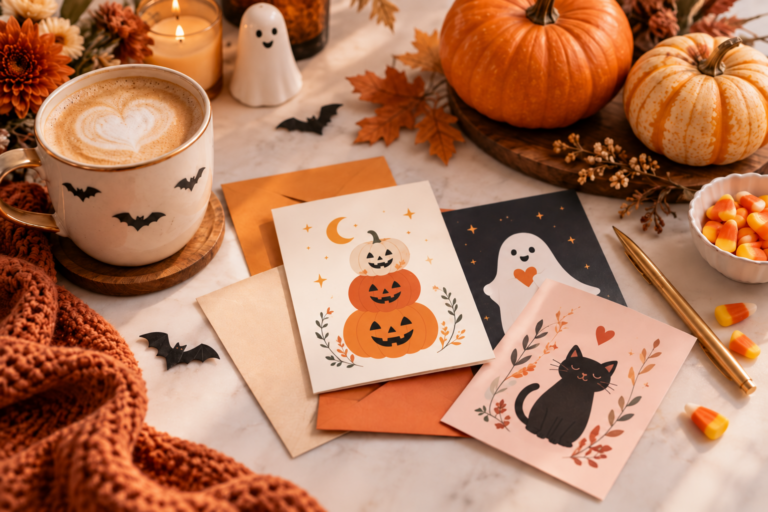 Cozy Halloween scene with pumpkins, candy corn, coffee and illustrated greeting cards featuring ghosts, bats and black cats.