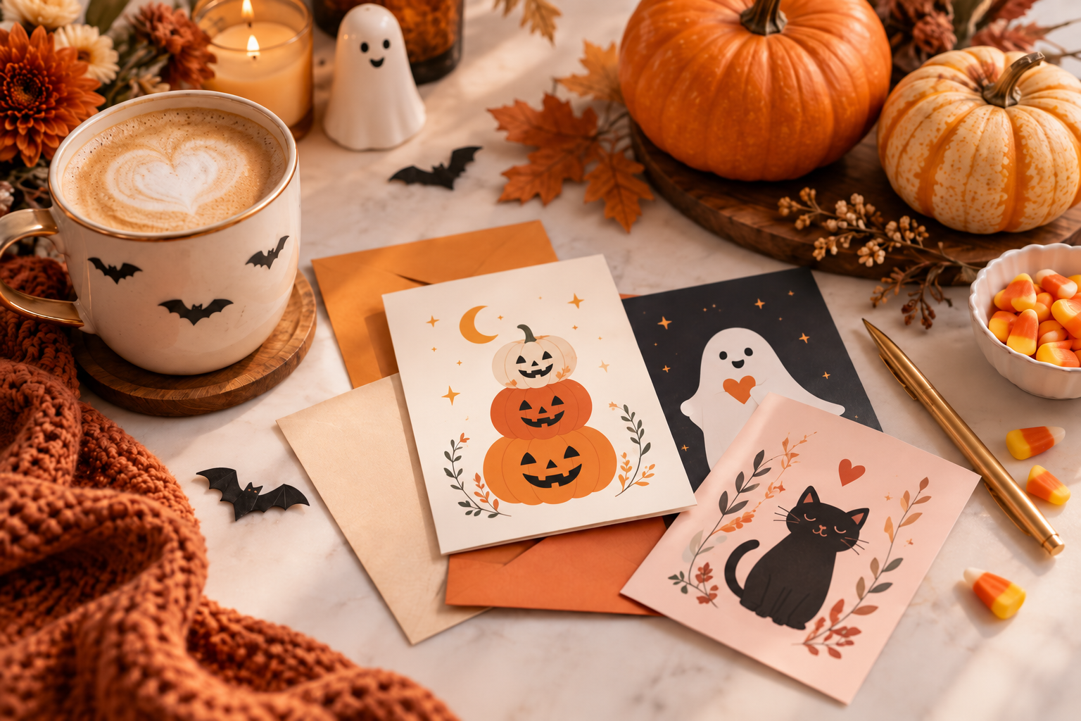 Cozy Halloween scene with pumpkins, candy corn, coffee and illustrated greeting cards featuring ghosts, bats and black cats.