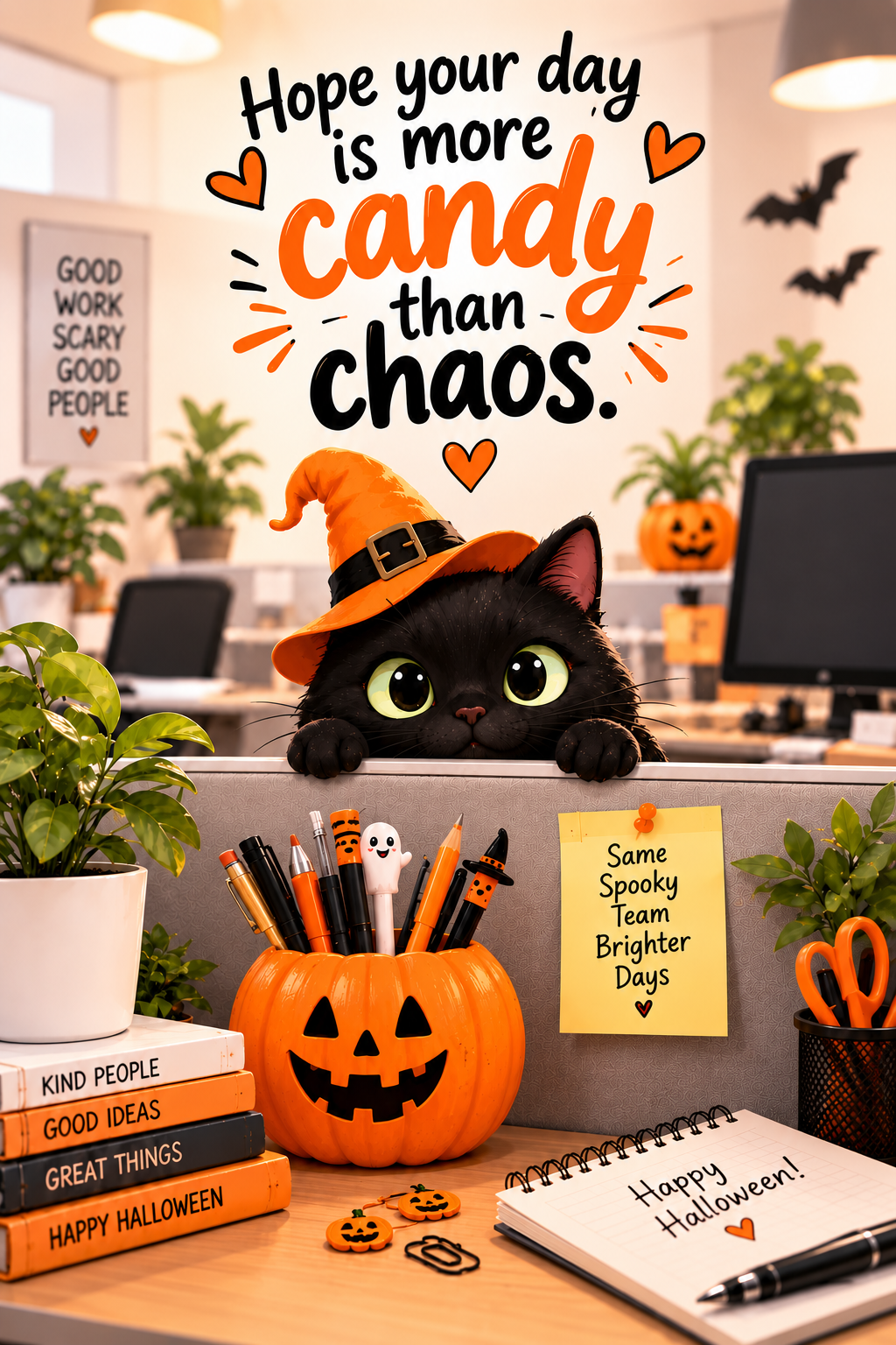 Halloween office scene with a black cat in a witch hat, pumpkin pencil holder, notebooks and the quote “Hope your day is more candy than chaos.”
