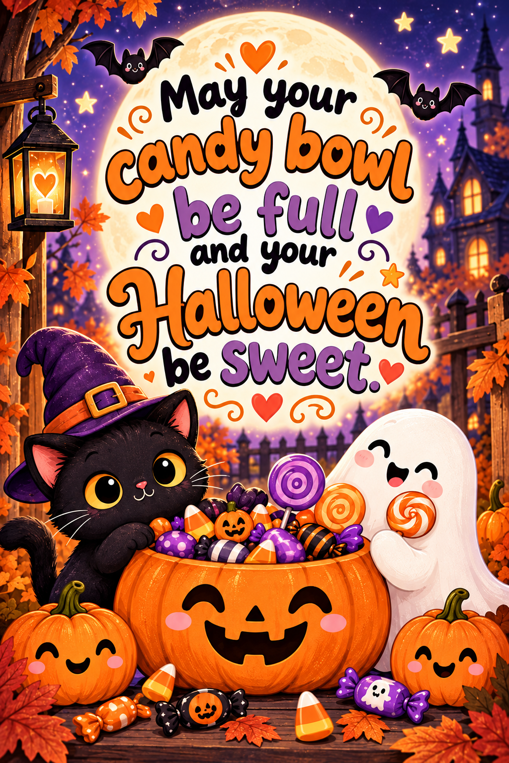 Cute Halloween illustration with a black cat, smiling ghost, pumpkins and candy under a glowing moon with a sweet Halloween greeting.