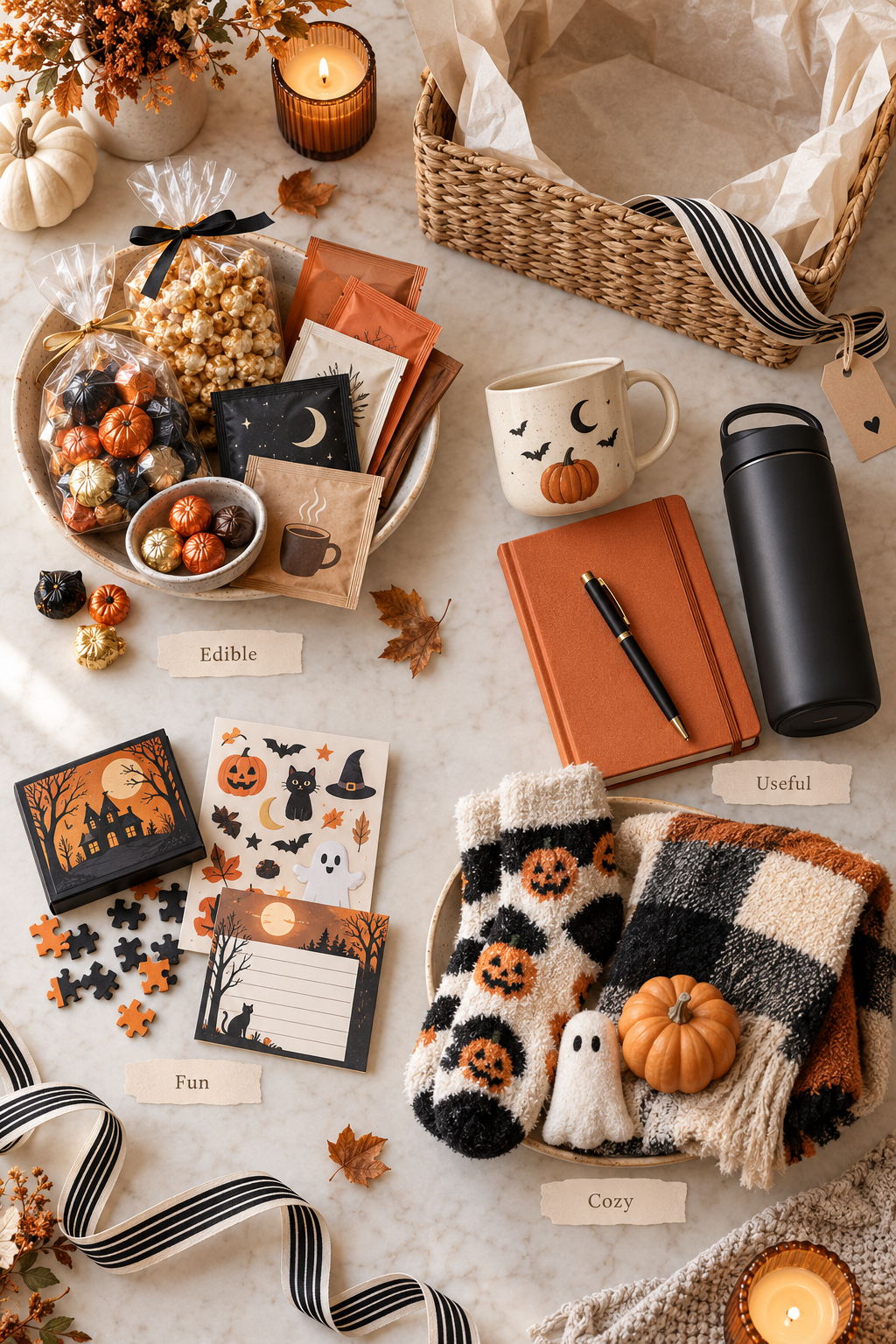 Halloween gift basket planning guide with grouped examples of edible treats, useful items, fun activities, and cozy seasonal extras in orange, black, and cream.