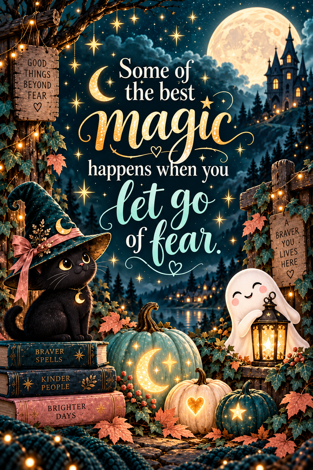 Magical Halloween night illustration with a black cat, friendly ghost, glowing lanterns and pumpkins beneath the quote “Some of the best magic happens when you let go of fear.”