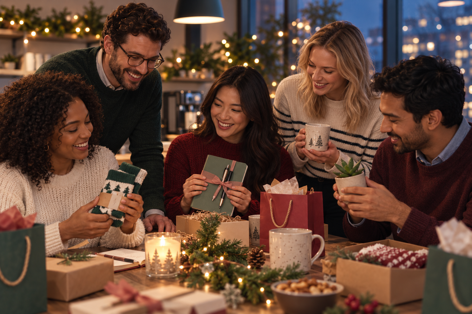 Coworkers exchange affordable Christmas gifts in a warmly decorated office.